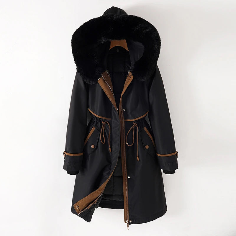Leanna - Women's Hooded Parka with Faux Fur Trim and Drawstring Waist