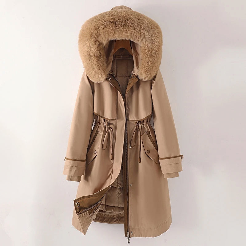 Leanna - Women's Hooded Parka with Faux Fur Trim and Drawstring Waist