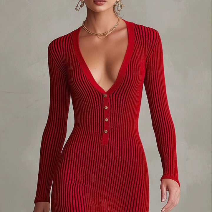 Leanne - Women's Ribbed V-Neck Button-Front Knit Dress 1