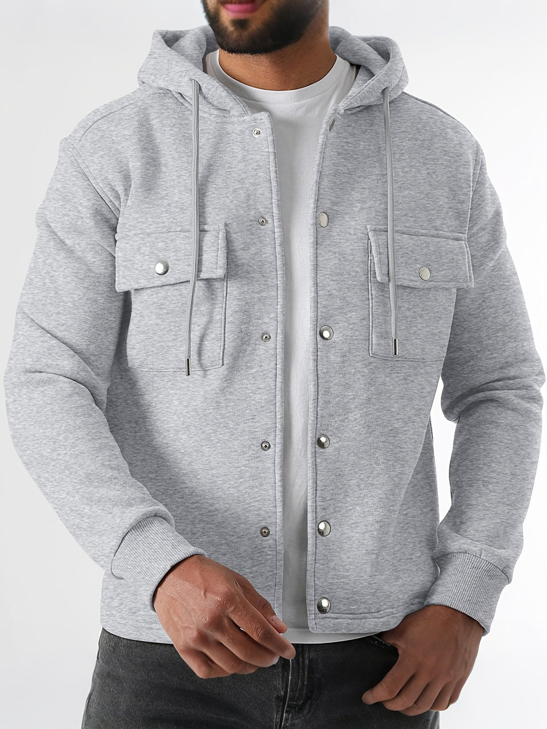 Leif - Men's Button-Front Hooded Jacket with Cargo Pockets