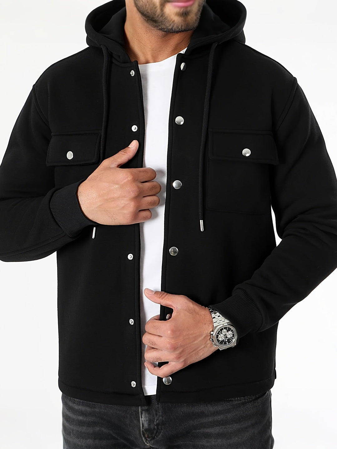Leif - Men's Button-Front Hooded Jacket with Cargo Pockets