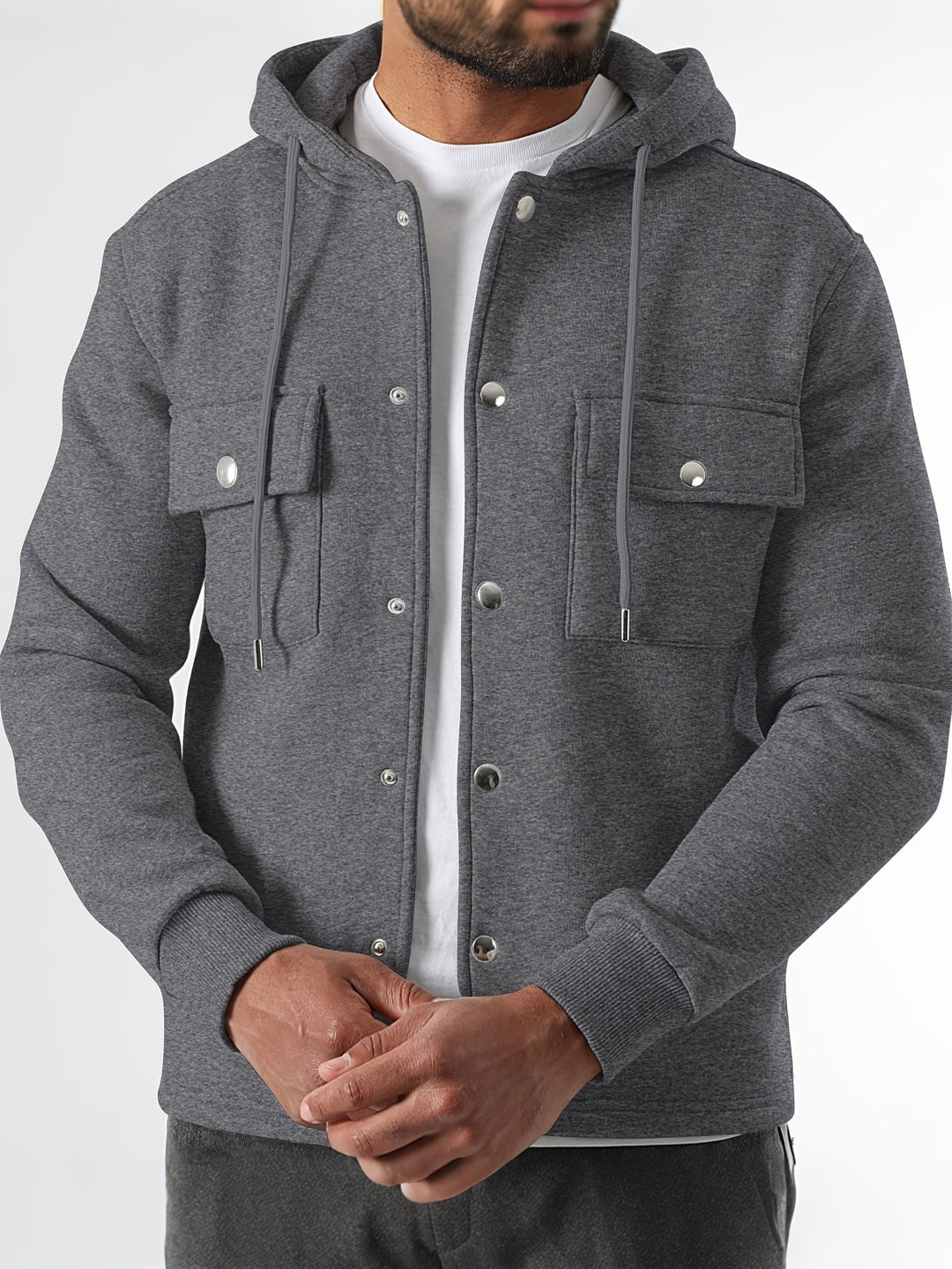 Leif - Men's Button-Front Hooded Jacket with Cargo Pockets