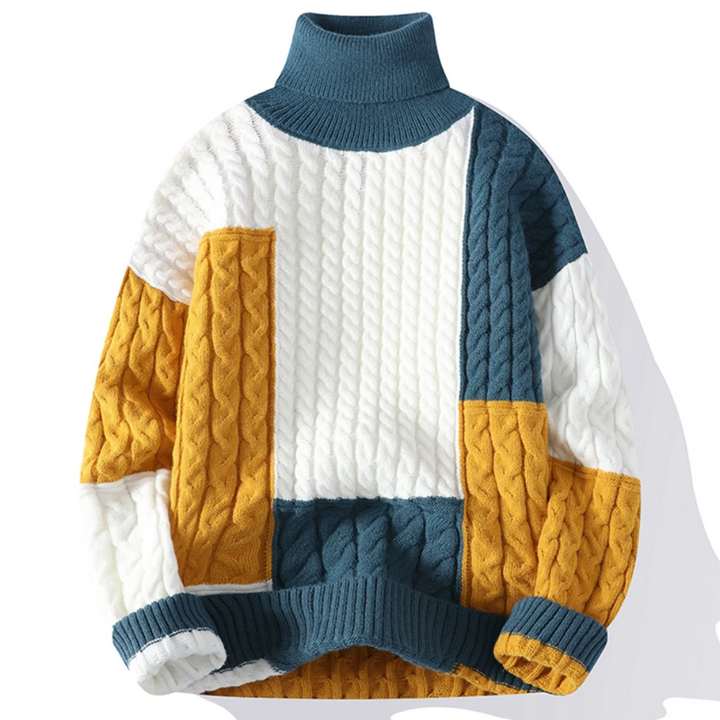 Lenard - Men's Patchwork Cable-Knit Turtleneck Sweater