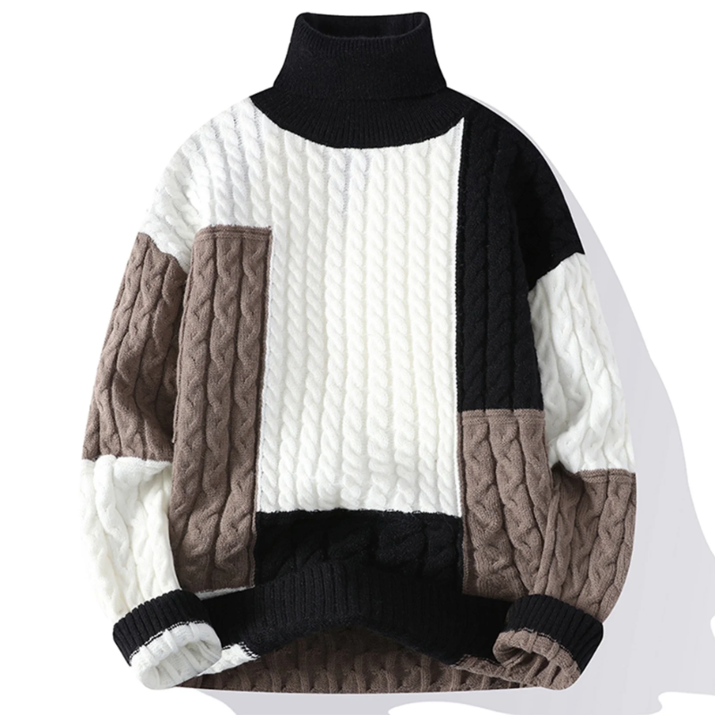 Lenard - Men's Patchwork Cable-Knit Turtleneck Sweater