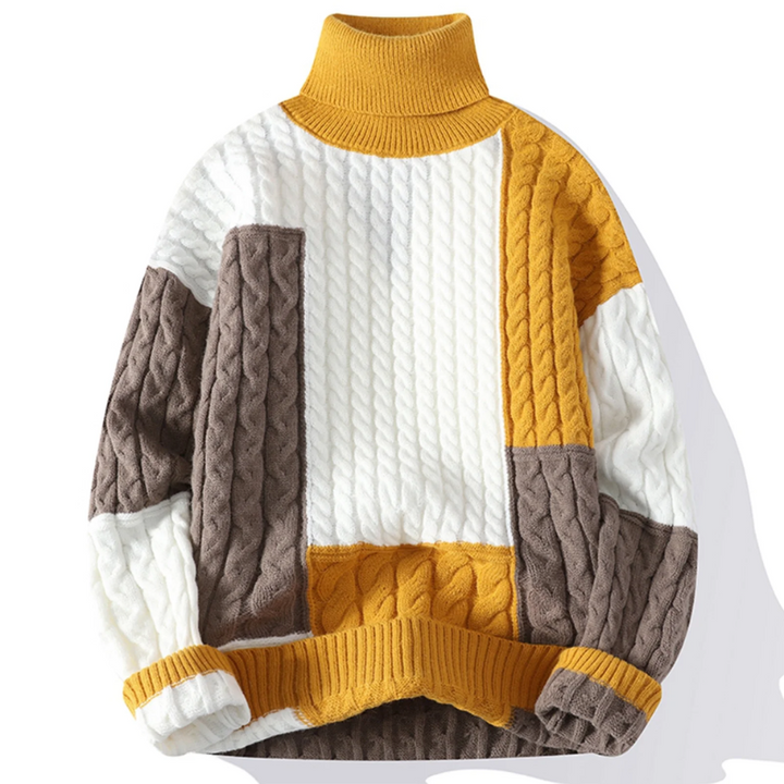 Lenard - Men's Patchwork Cable-Knit Turtleneck Sweater