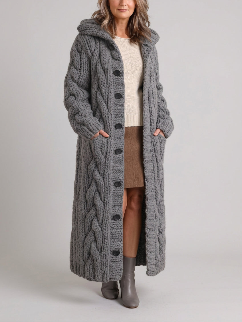 Leslie - Women's Cable-Knit Long Coat with Hood