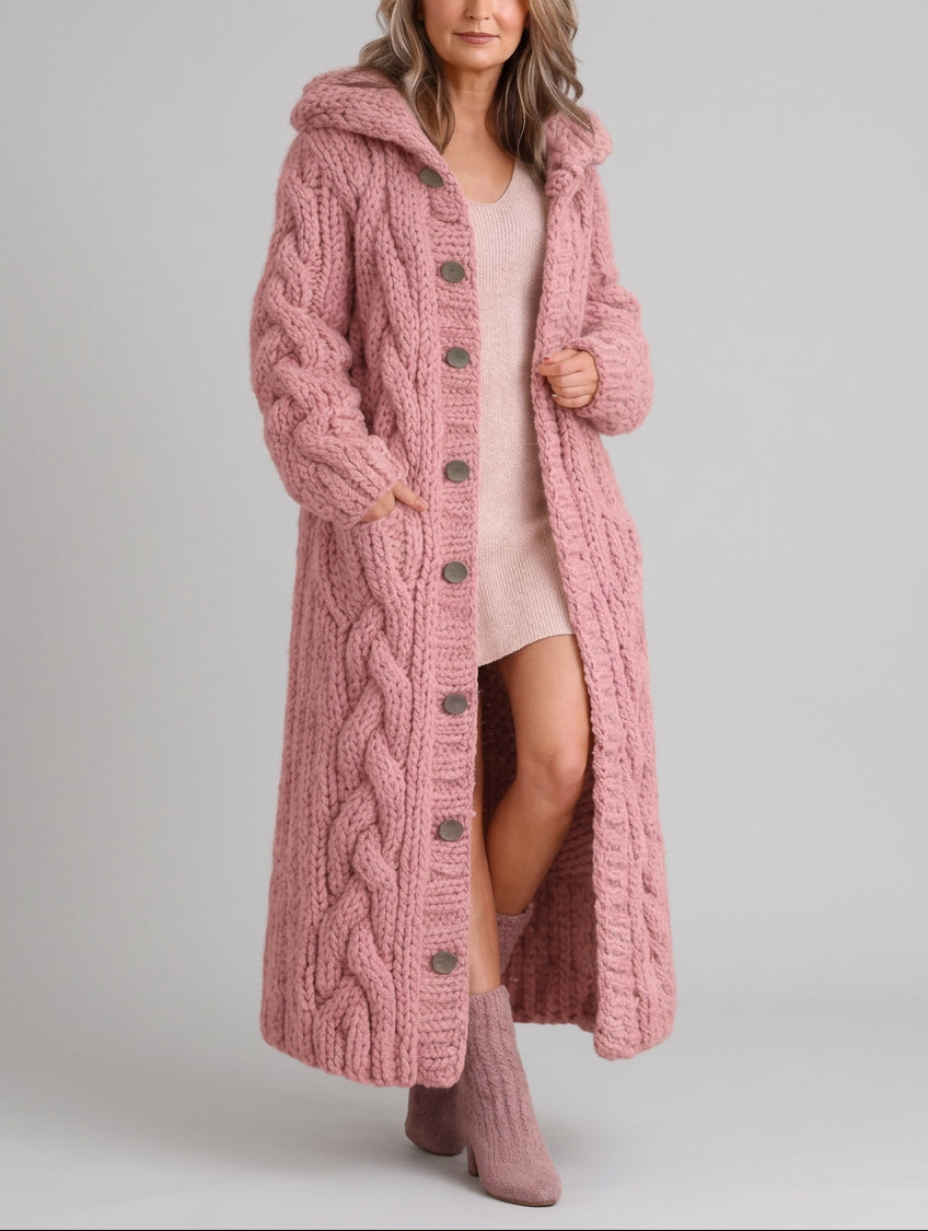 Leslie - Women's Cable-Knit Long Coat with Hood