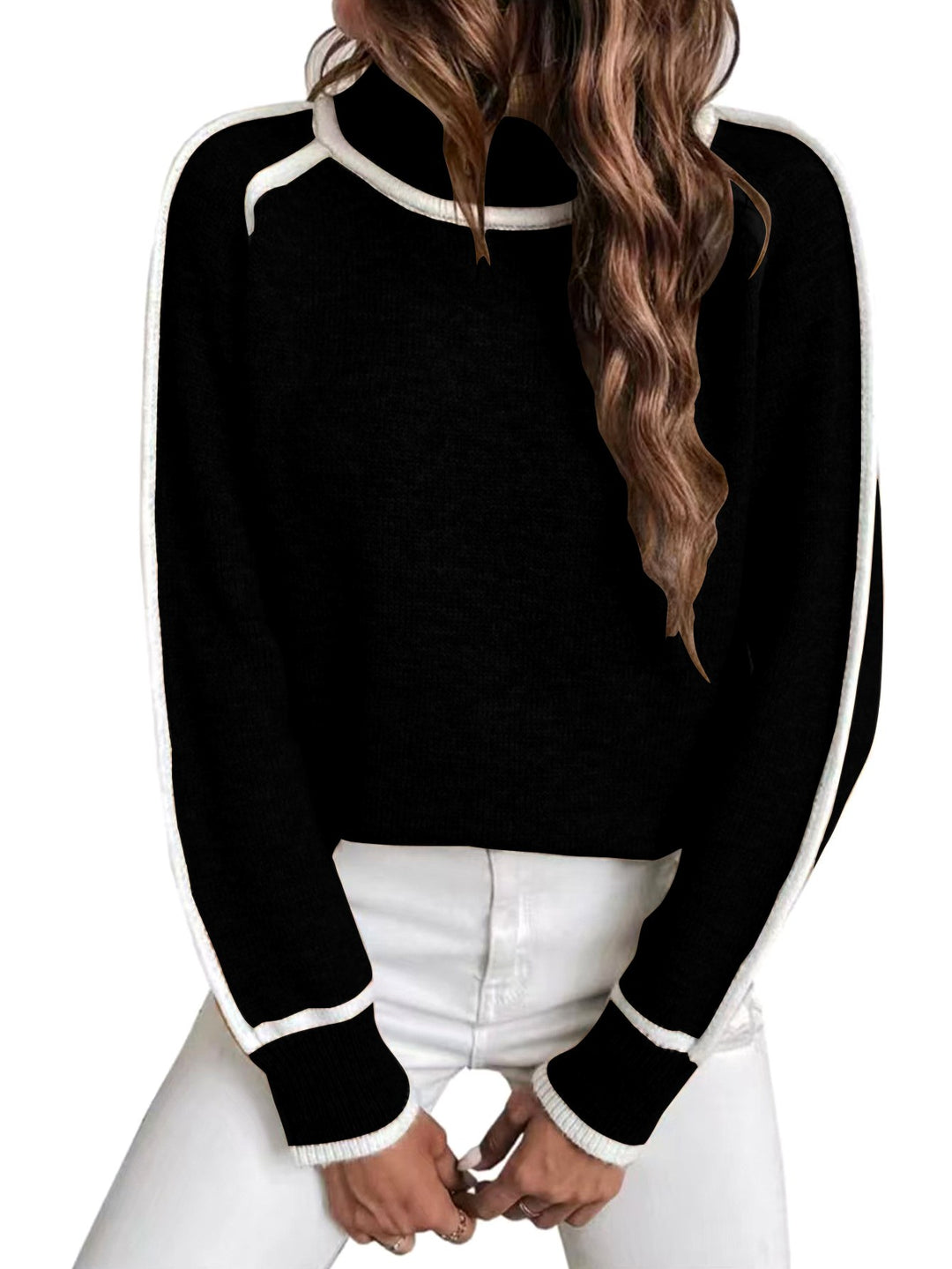 Lexi - Women's Contrast Trim Crew Neck Knit Sweater 4