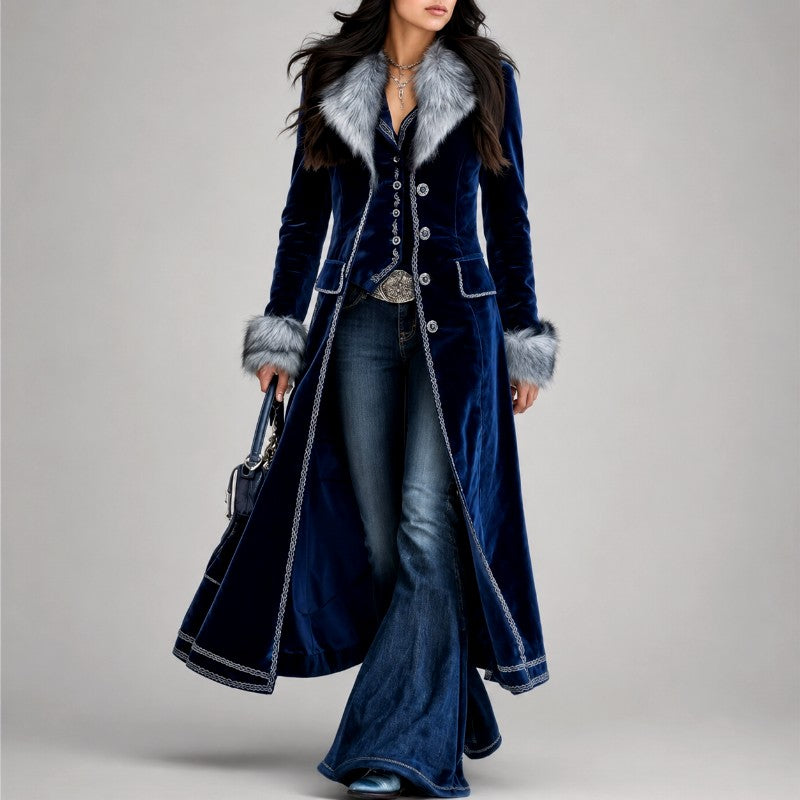 Lilian - Women's Faux Fur Collar Velvet Long Winter Coat 1