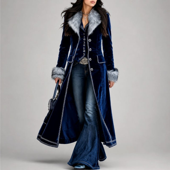 Lilian - Women's Faux Fur Collar Velvet Long Winter Coat 1