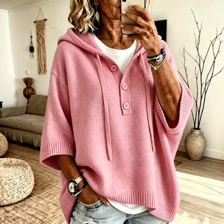 Lillian - Women's Hooded Three-Quarter Sleeve Poncho Sweater 2