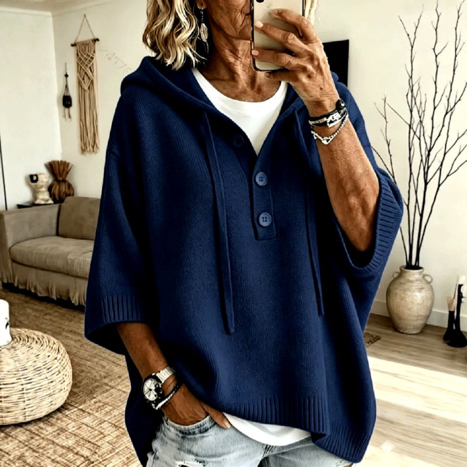 Lillian - Women's Hooded Three-Quarter Sleeve Poncho Sweater 3