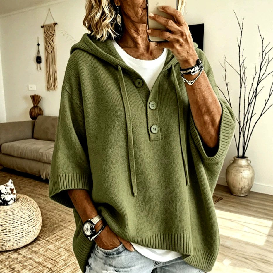 Lillian - Women's Hooded Three-Quarter Sleeve Poncho Sweater 4
