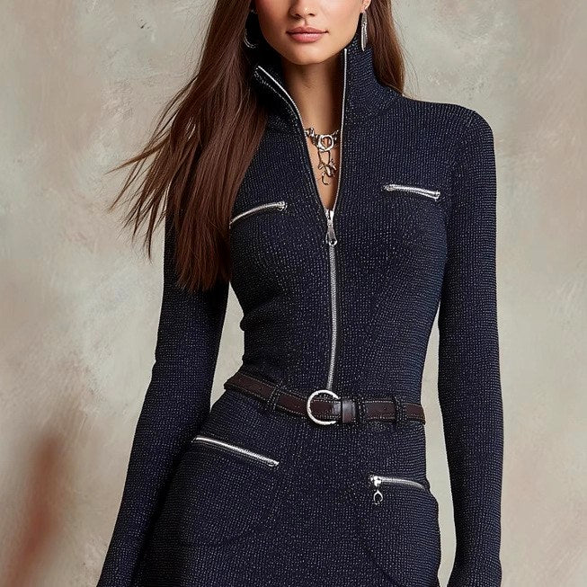 Livia - Women's Long Sleeve Zip Front Mini Dress 4