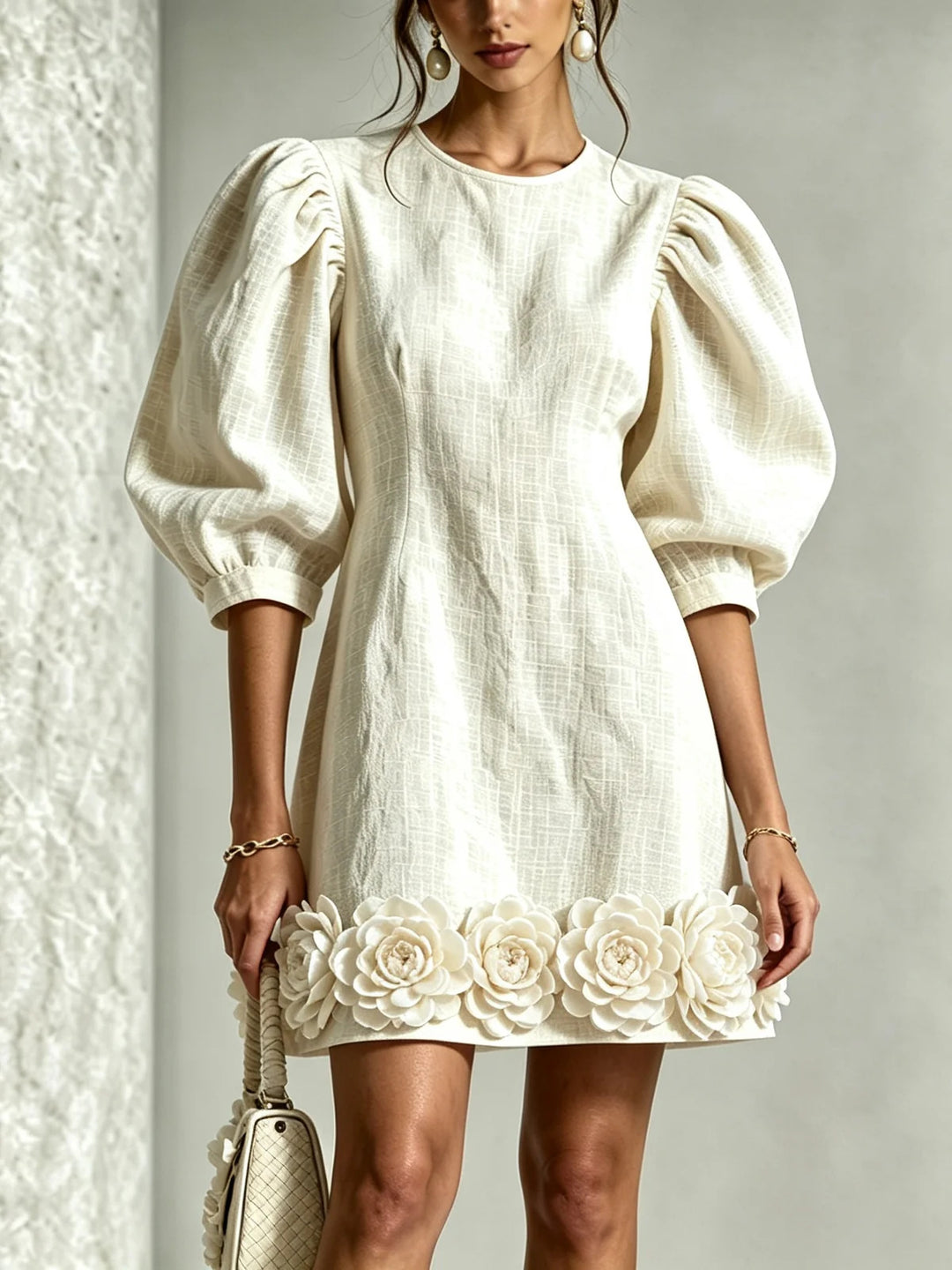 Londyn - Women's Puff Sleeve A-Line Dress with Floral Hem 1