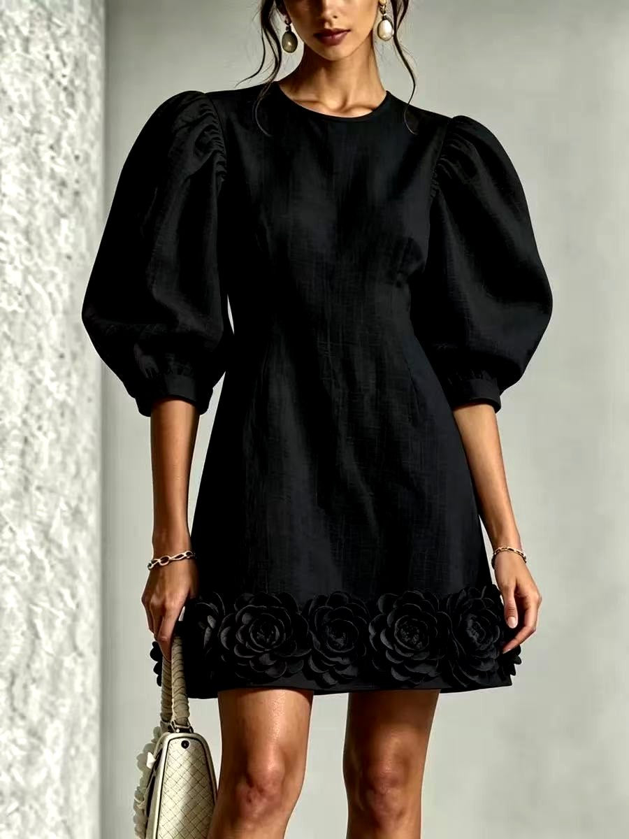 Londyn - Women's Puff Sleeve A-Line Dress with Floral Hem 3