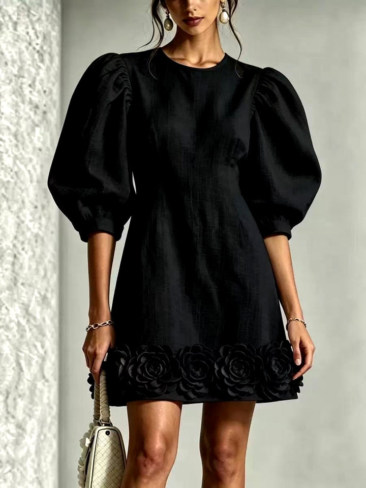 Londyn - Women's Puff Sleeve A-Line Dress with Floral Hem 3