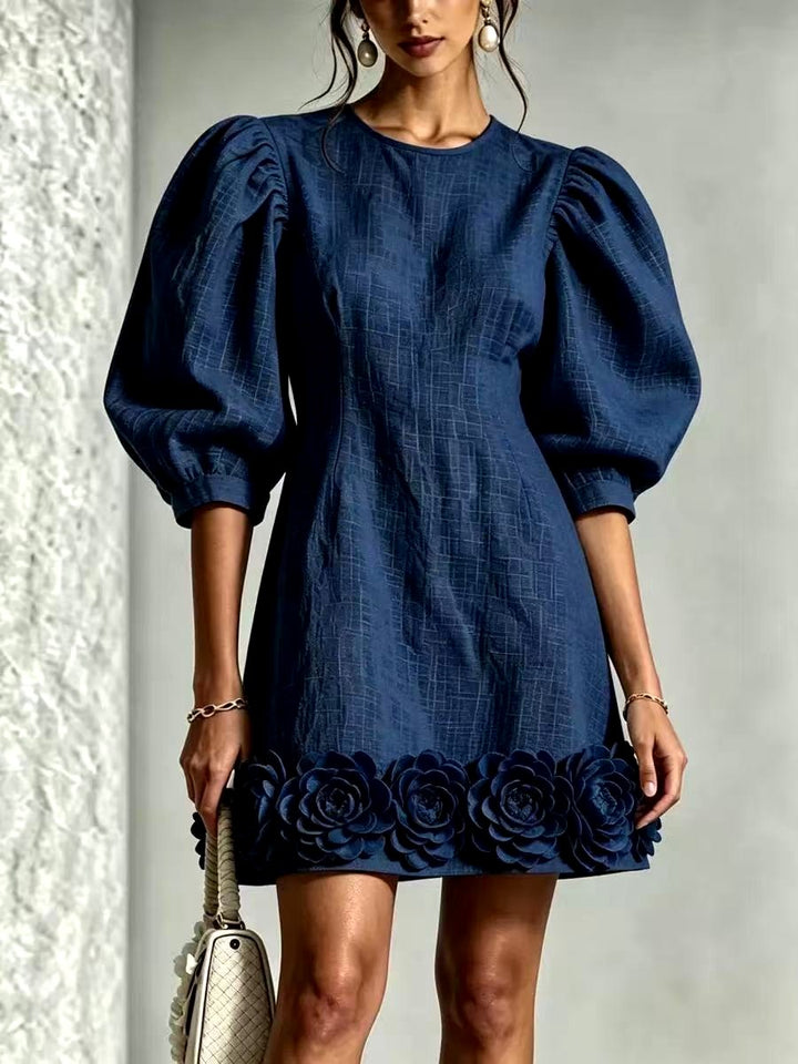 Londyn - Women's Puff Sleeve A-Line Dress with Floral Hem 4