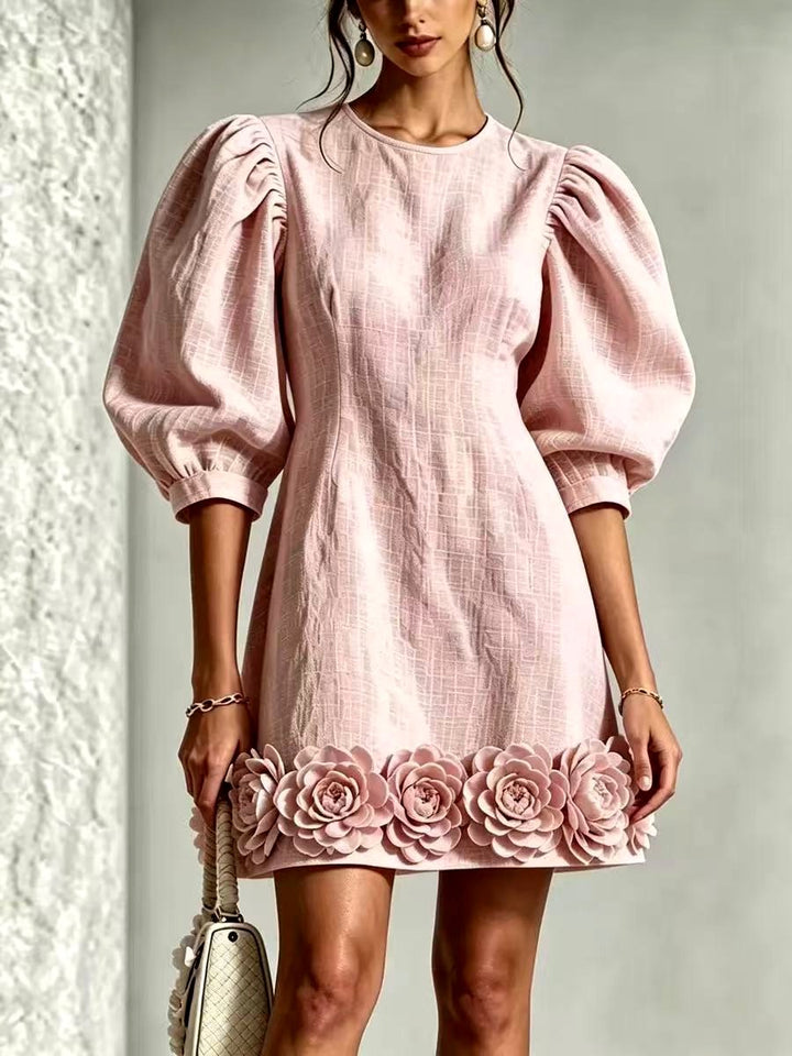 Londyn - Women's Puff Sleeve A-Line Dress with Floral Hem 5
