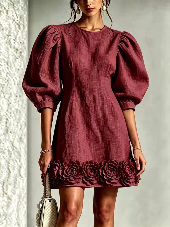 Londyn - Women's Puff Sleeve A-Line Dress with Floral Hem 6