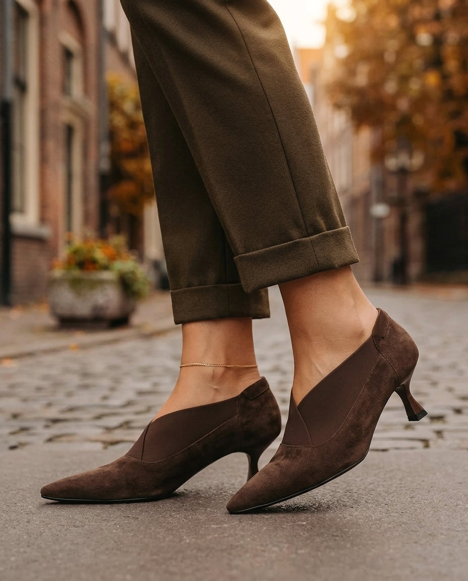 Lorelei - Women's Suede V-Gore Slip-On Kitten Heels
