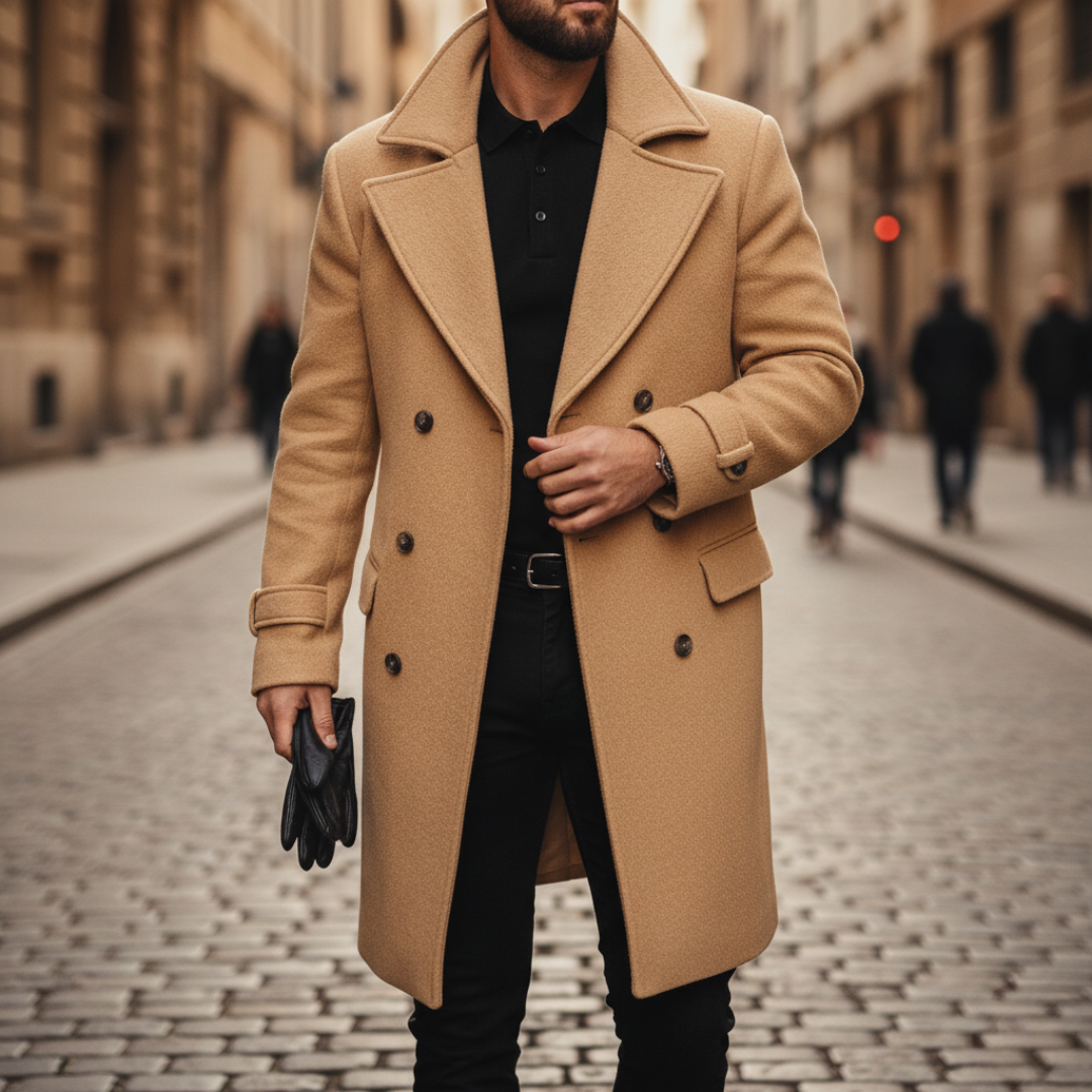 Lucas - Men's Double-Breasted Wool Blend Coat with Notch Lapels