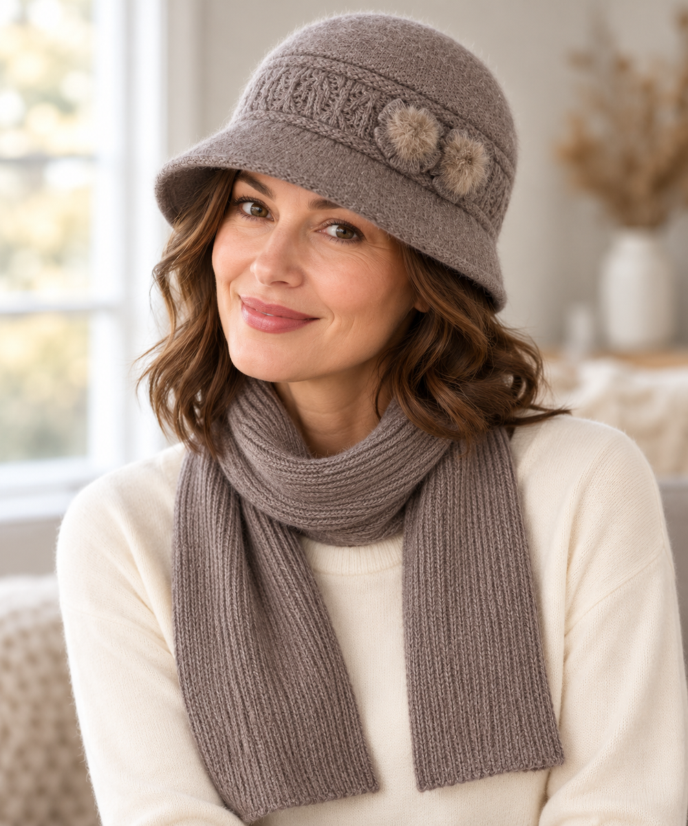 Lucienne - Women's Fleece-Lined Cloche Hat and Scarf Set 