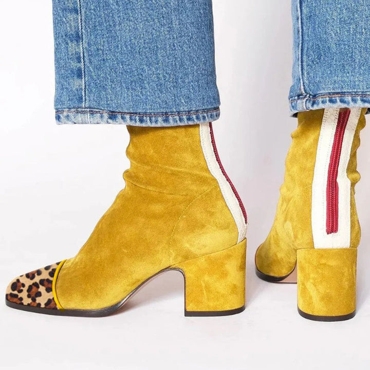 Lydia - Women's Suede Block-Heel Ankle Boots with Animal-Print Toe Cap