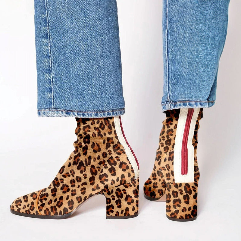 Lydia - Women's Suede Block-Heel Ankle Boots with Animal-Print Toe Cap