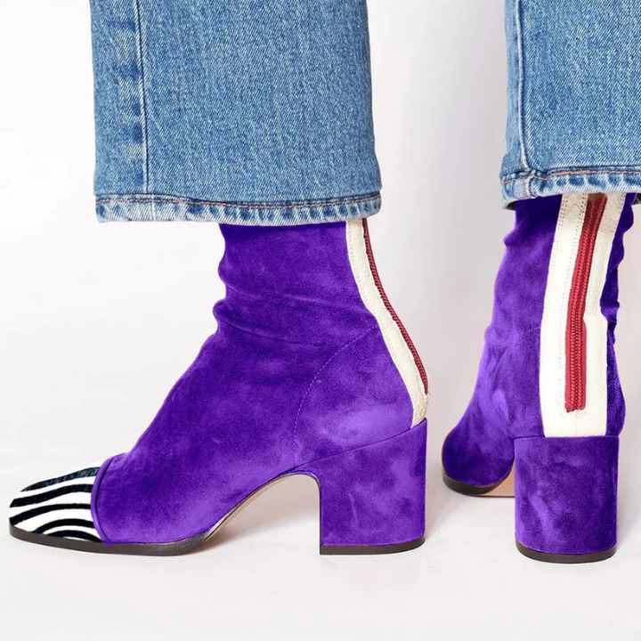 Lydia - Women's Suede Block-Heel Ankle Boots with Animal-Print Toe Cap