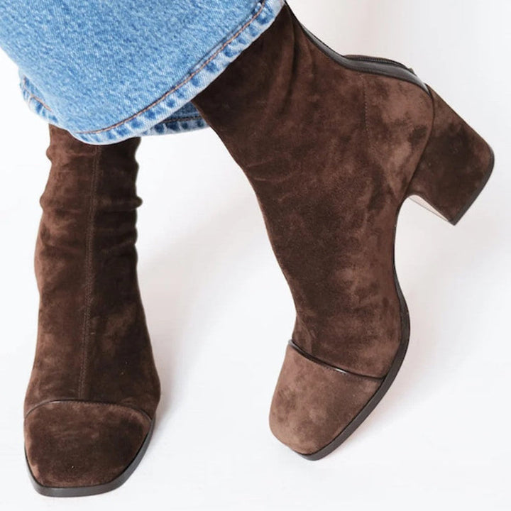 Lydia - Women's Suede Block-Heel Ankle Boots with Animal-Print Toe Cap