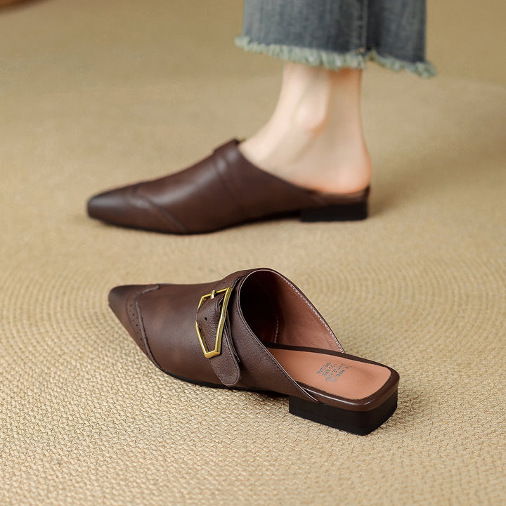 Maizie - Women's Pointed-Toe Leather Mules with Wingtip Detail