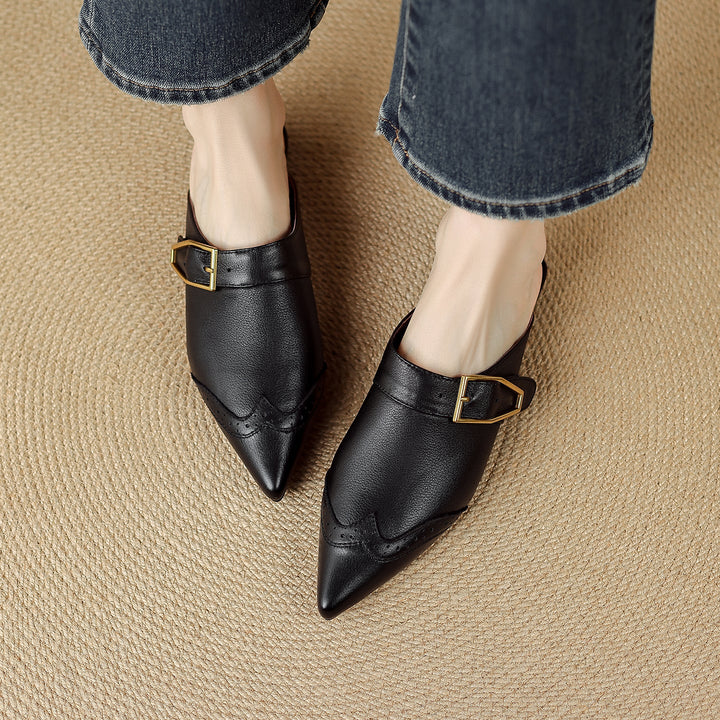 Maizie - Women's Pointed-Toe Leather Mules with Wingtip Detail