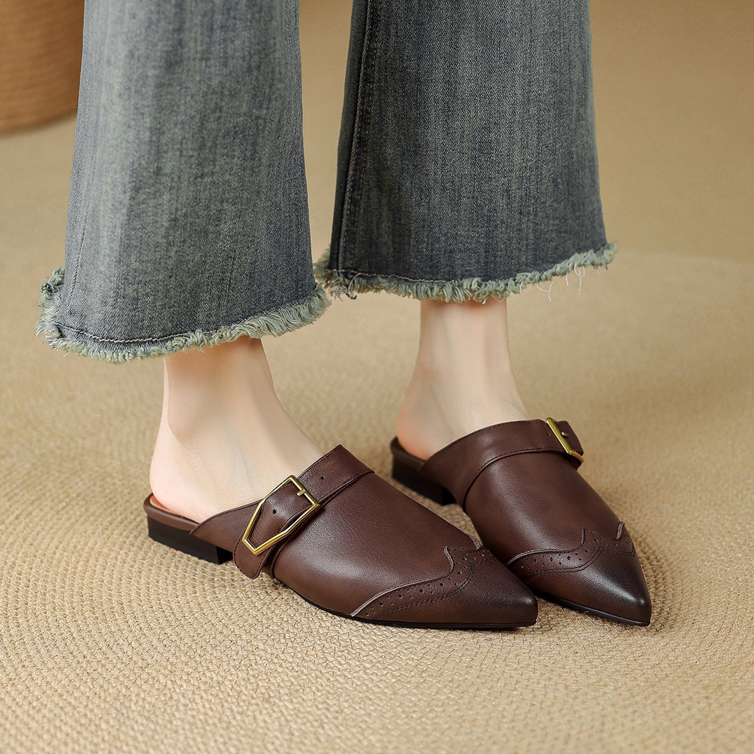 Maizie - Women's Pointed-Toe Leather Mules with Wingtip Detail
