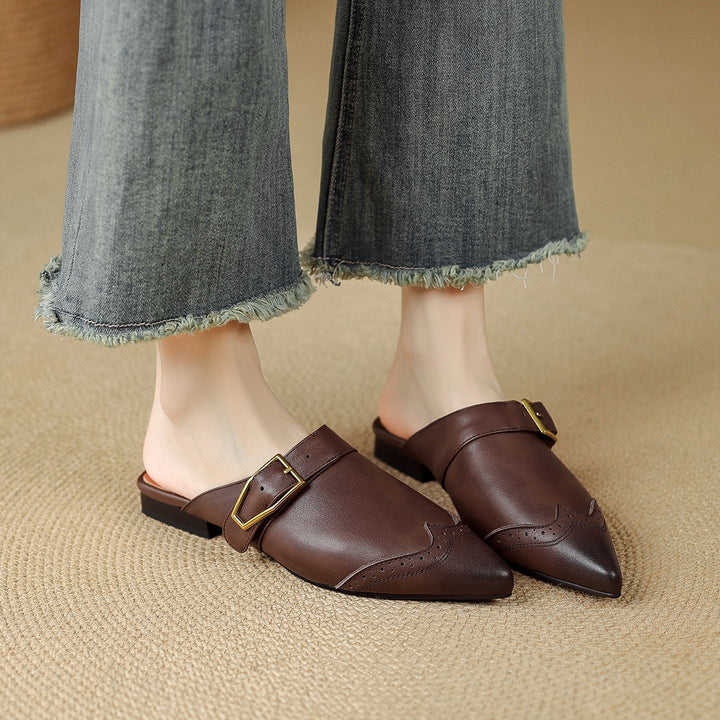 Maizie - Women's Pointed-Toe Leather Mules with Wingtip Detail