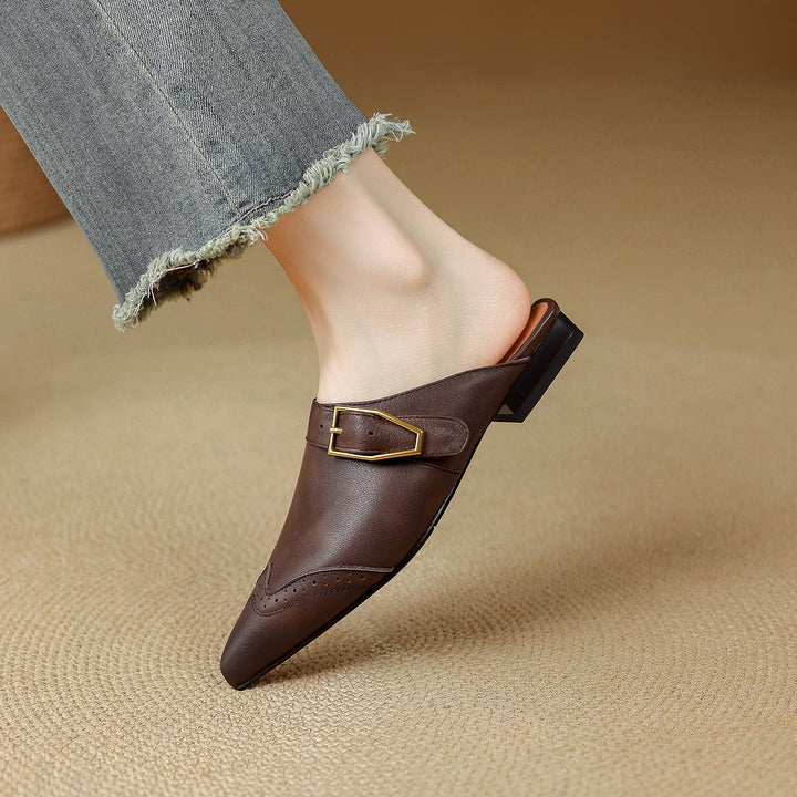 Maizie - Women's Pointed-Toe Leather Mules with Wingtip Detail