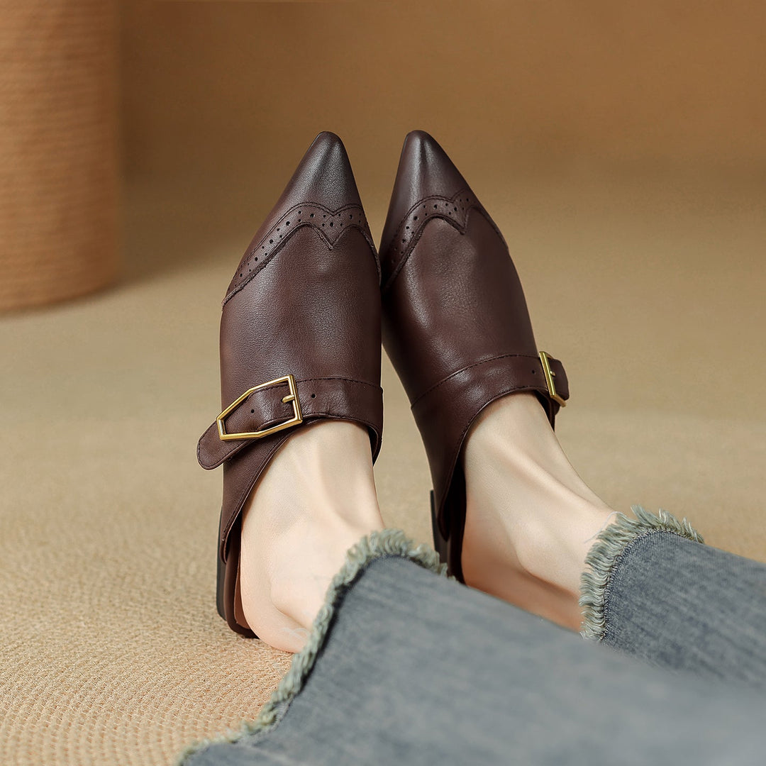 Maizie - Women's Pointed-Toe Leather Mules with Wingtip Detail