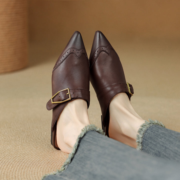 Maizie - Women's Pointed-Toe Leather Mules with Wingtip Detail