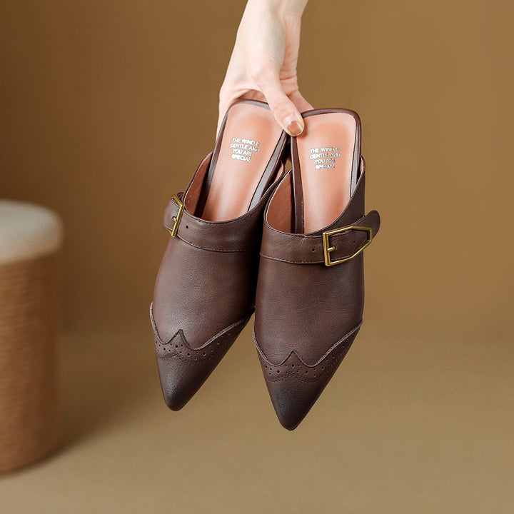 Maizie - Women's Pointed-Toe Leather Mules with Wingtip Detail