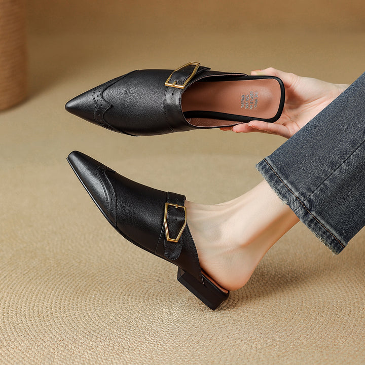 Maizie - Women's Pointed-Toe Leather Mules with Wingtip Detail