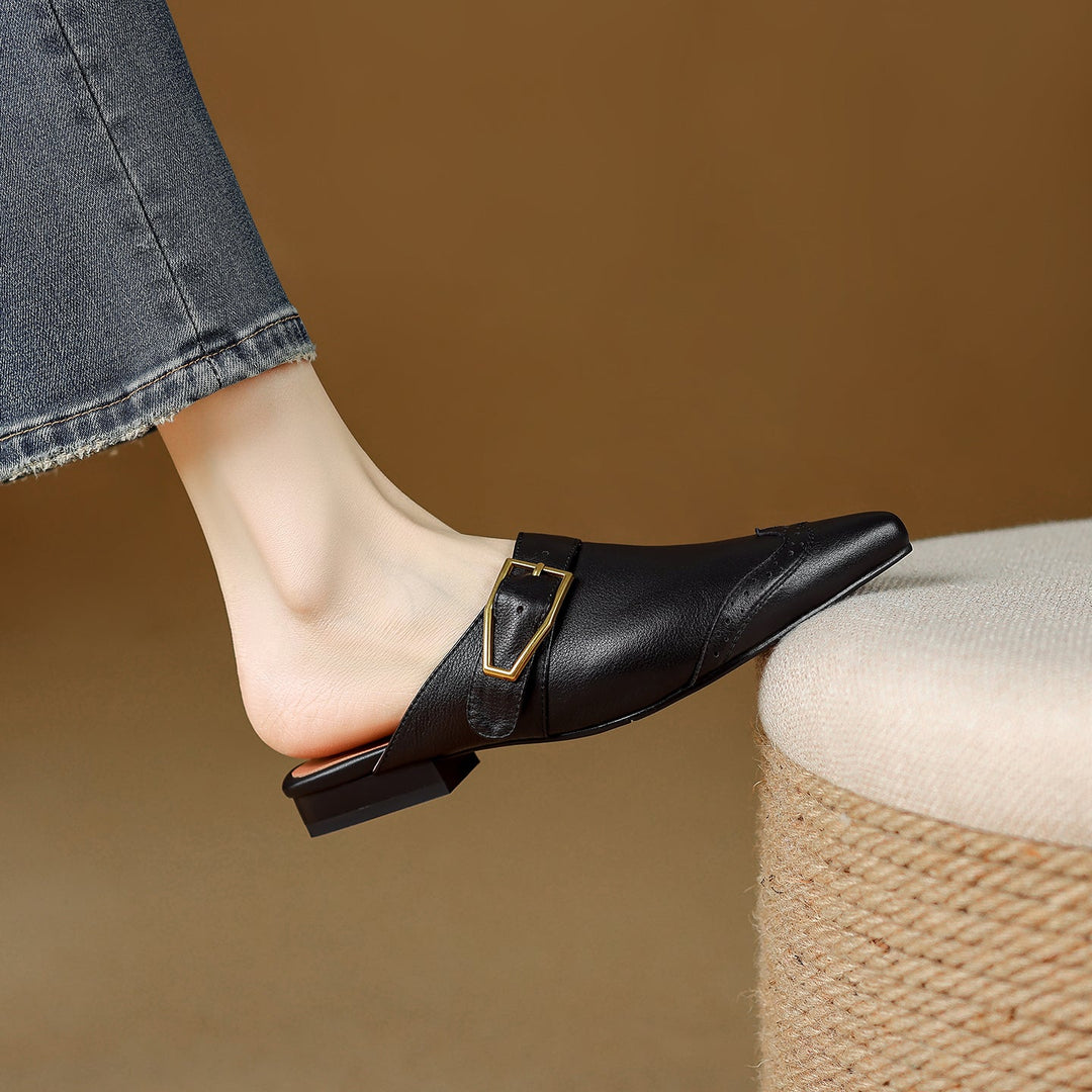 Maizie - Women's Pointed-Toe Leather Mules with Wingtip Detail