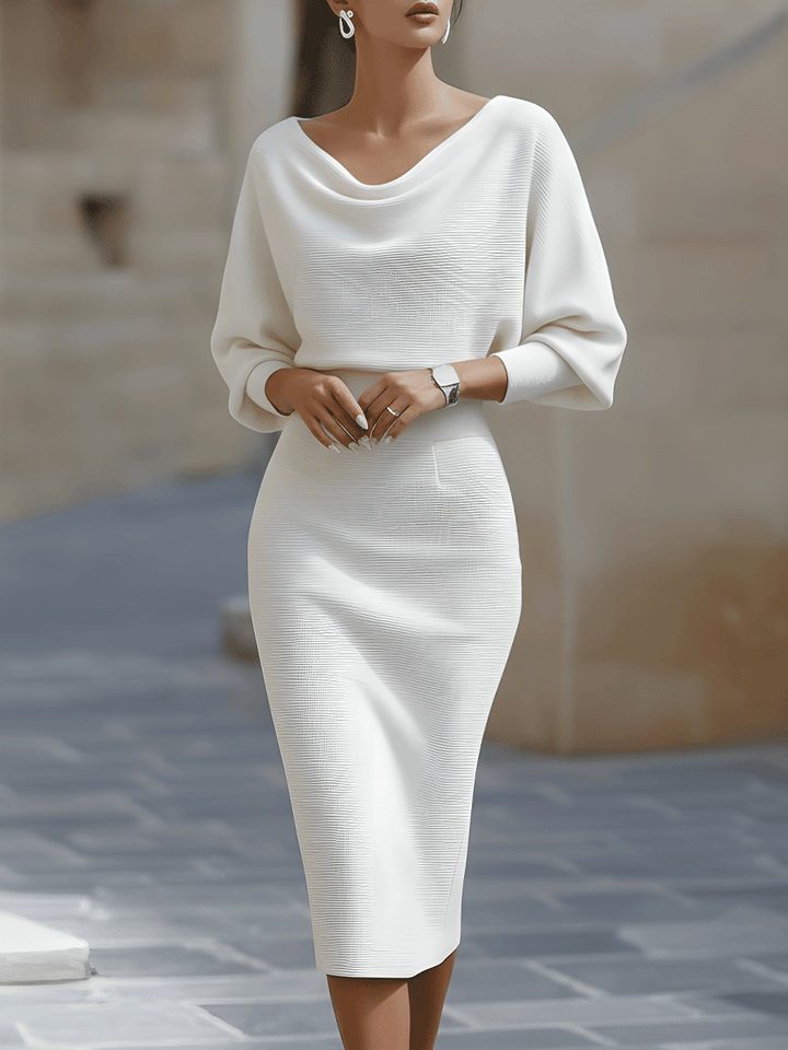 Marcella - Women's Cowl Neck Batwing Midi Dress with Ribbed Texture