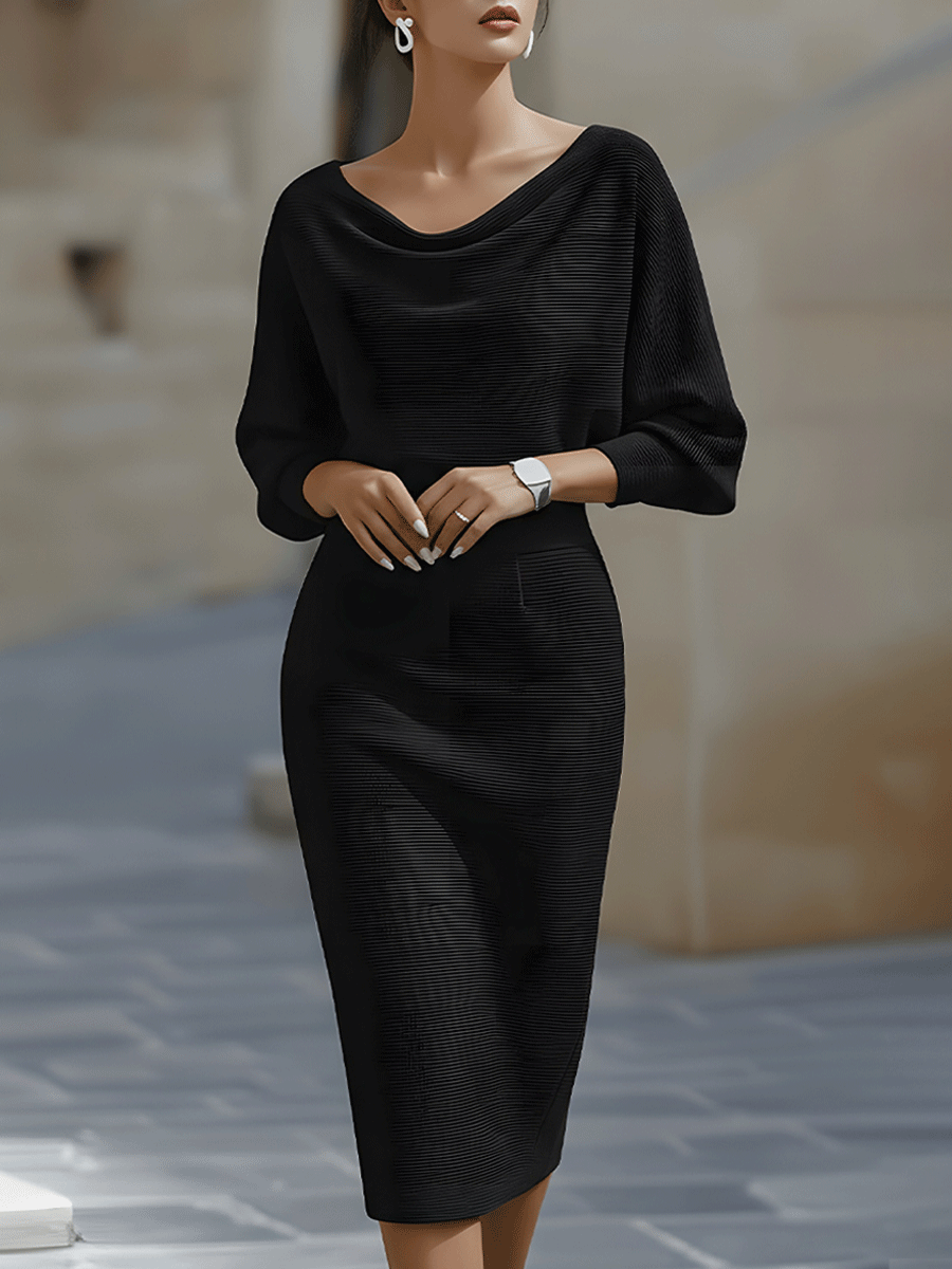 Marcella - Women's Cowl Neck Batwing Midi Dress with Ribbed Texture