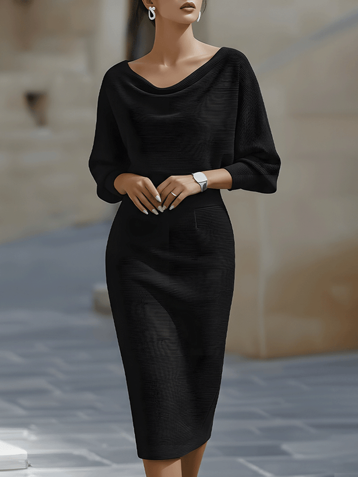 Marcella - Women's Cowl Neck Batwing Midi Dress with Ribbed Texture