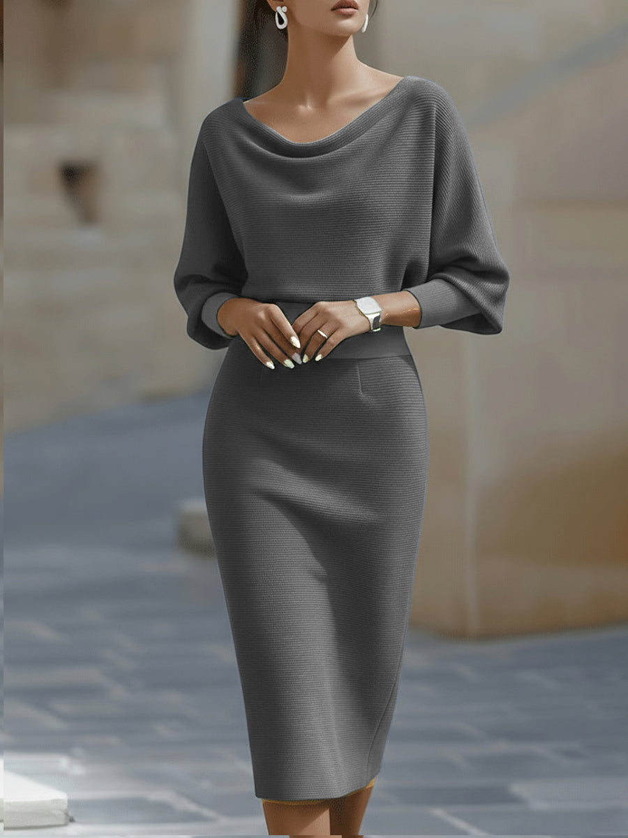 Marcella - Women's Cowl Neck Batwing Midi Dress with Ribbed Texture