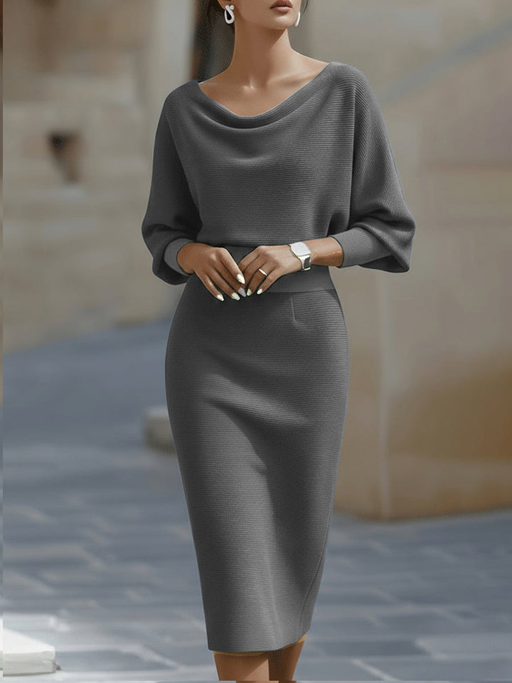 Marcella - Women's Cowl Neck Batwing Midi Dress with Ribbed Texture