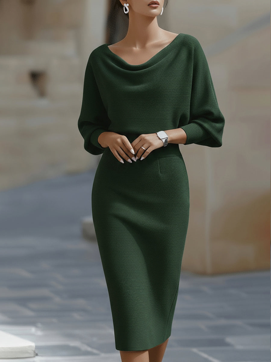 Marcella - Women's Cowl Neck Batwing Midi Dress with Ribbed Texture
