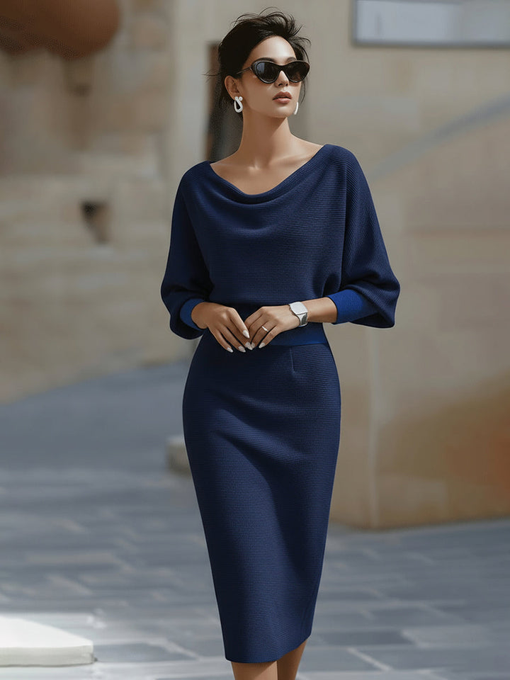 Marcella - Women's Cowl Neck Batwing Midi Dress with Ribbed Texture
