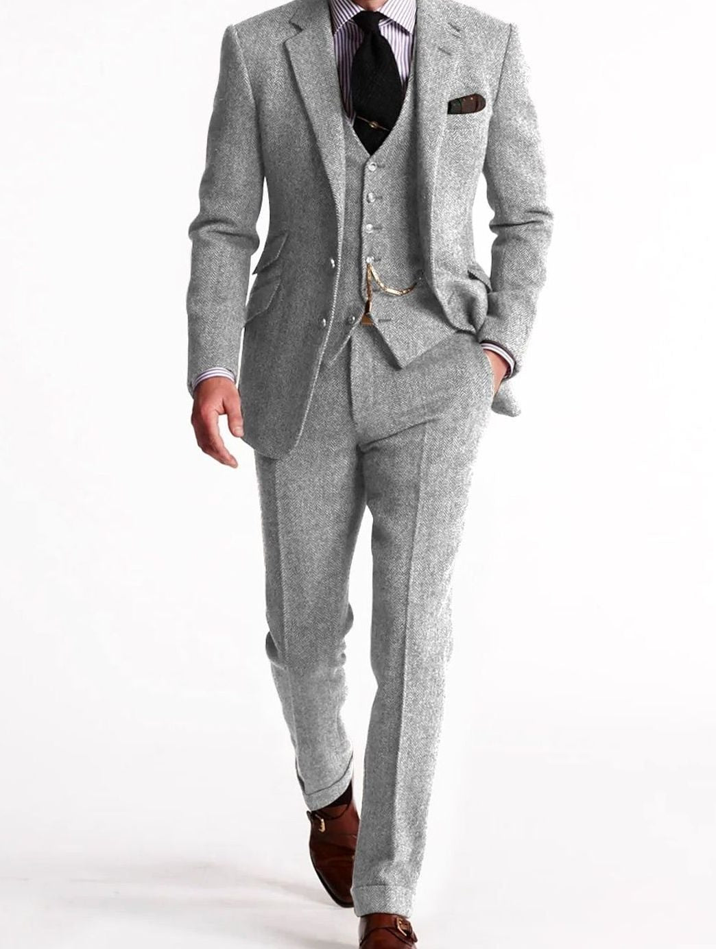 Marcus - Men's Three-Piece Herringbone Tweed Suit with Vest