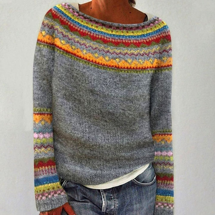 Marga - Women's Fair Isle Pullover Sweater with Colorblock Sleeves